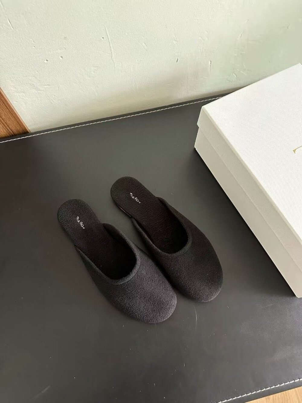 The Row Black Suede Round Toe Mule Flats